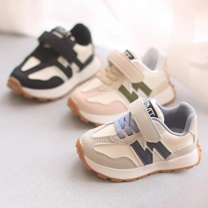 Women's Fashion Shoes Spring Autumn for Kids, Casual Footwear with Soft Sole for Girls and Boys, Anti-slip Leather Shoes with Color Blocks and Velcro Strips