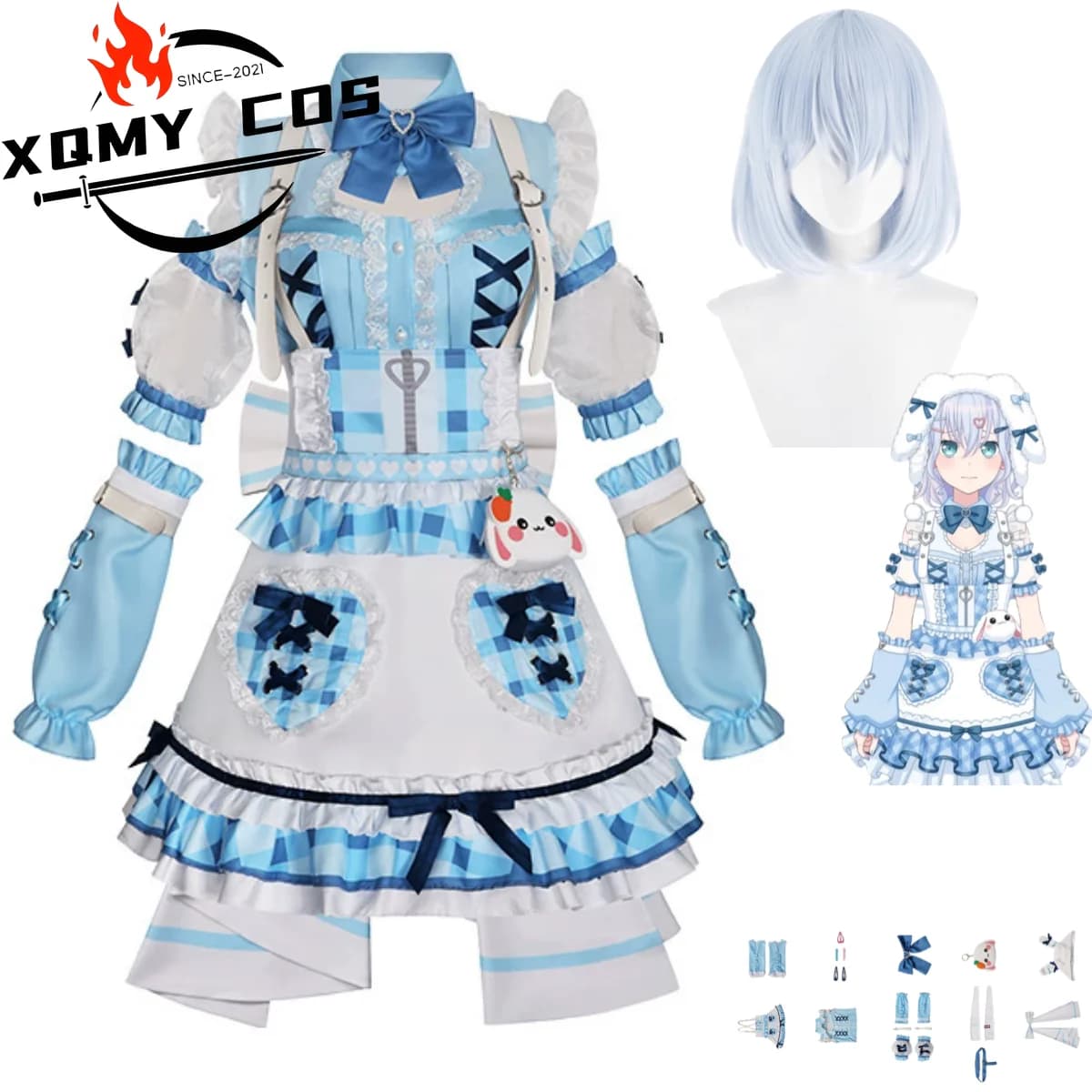 XqAnime BanG Dream Kurata Mashiro Costume Cosplay Blu e Bianco Lolita Gonna Abito da Principessa Parrucca Donna Sexy Festa di Compleanno Vestito