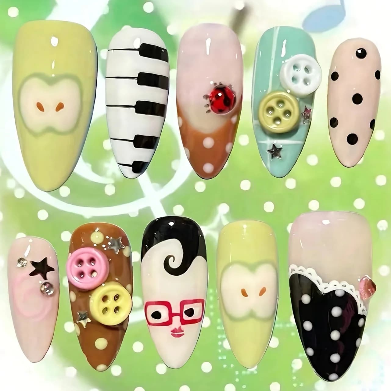 10pcs Medium Almond Long Nails Light Green White Black Nude Brown Mint Blue Press On Nails with Piano Key Apple Ladybug Buttons