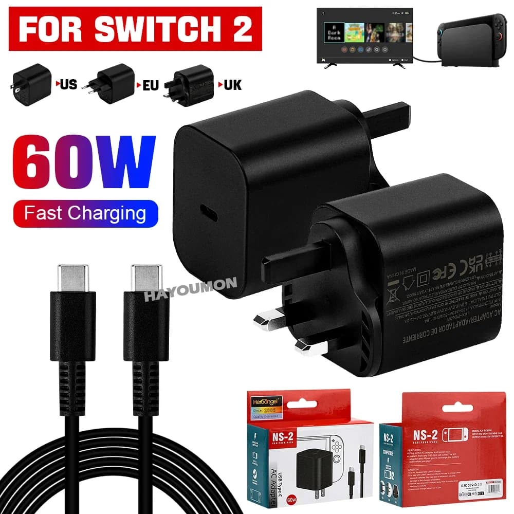 Adattatore di Alimentazione AC 2026 per NS Switch 2 con Cavo USB Type-C, Caricatore Rapido 60W per Accessori Gaming Switch 2