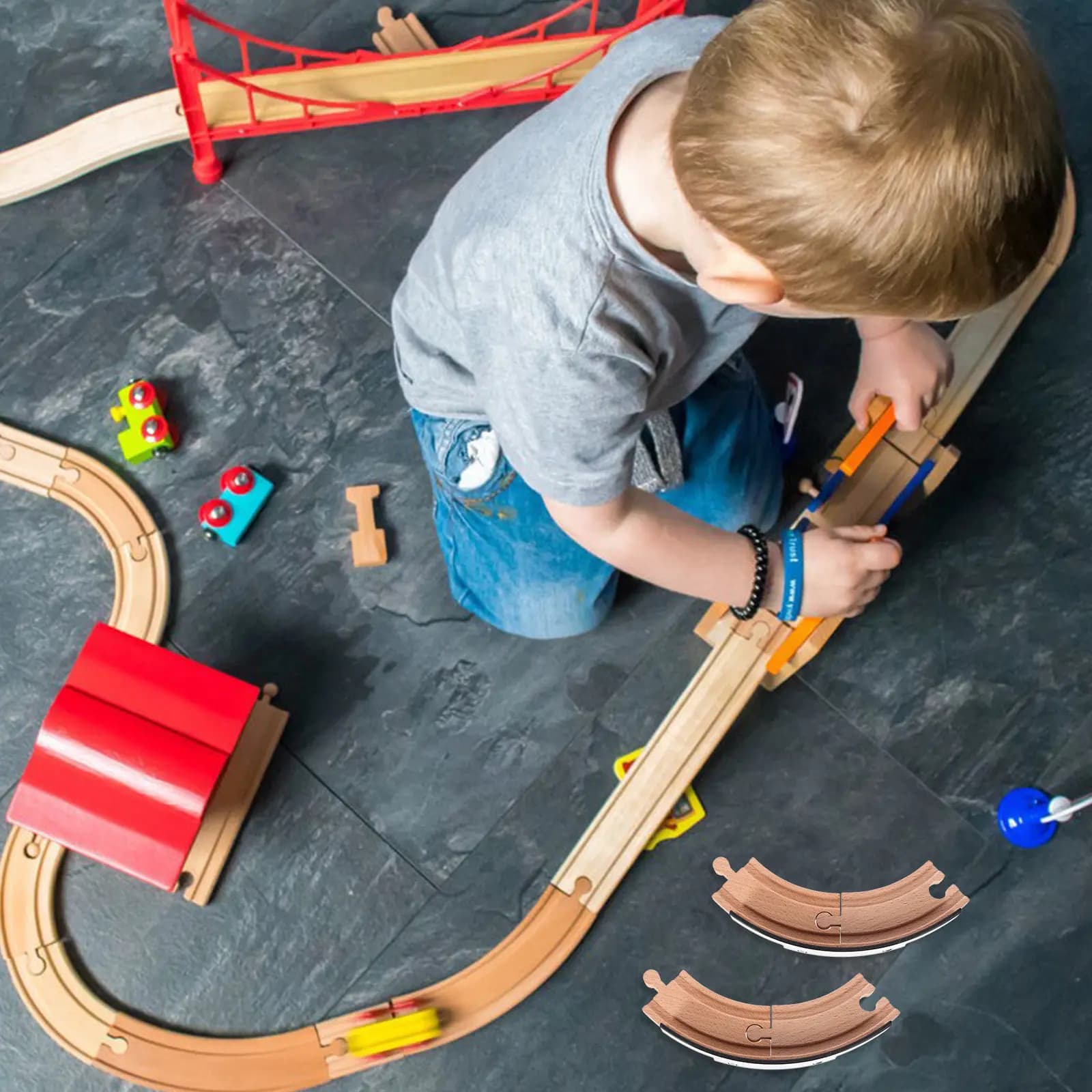 2 Pezzi Blocchi di Legno per Pista Ferroviaria, Pezzi Curvi Corti Fai-da-Te per Bambini, Costruzione Educativa di Piste, Gioco Creativo per Casa e Spiaggia