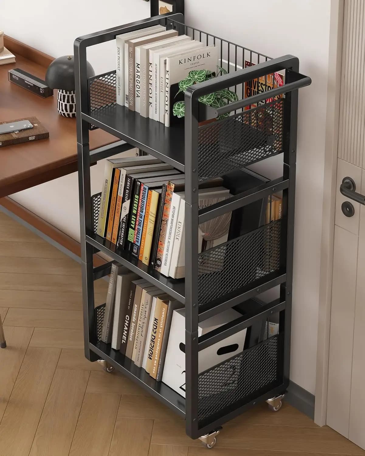 Carrello Porta Libri Robusto a Doppio Lato con Ruote Silenziose e 3 Supporti Magnetici per Libri, Scaffale Mobile