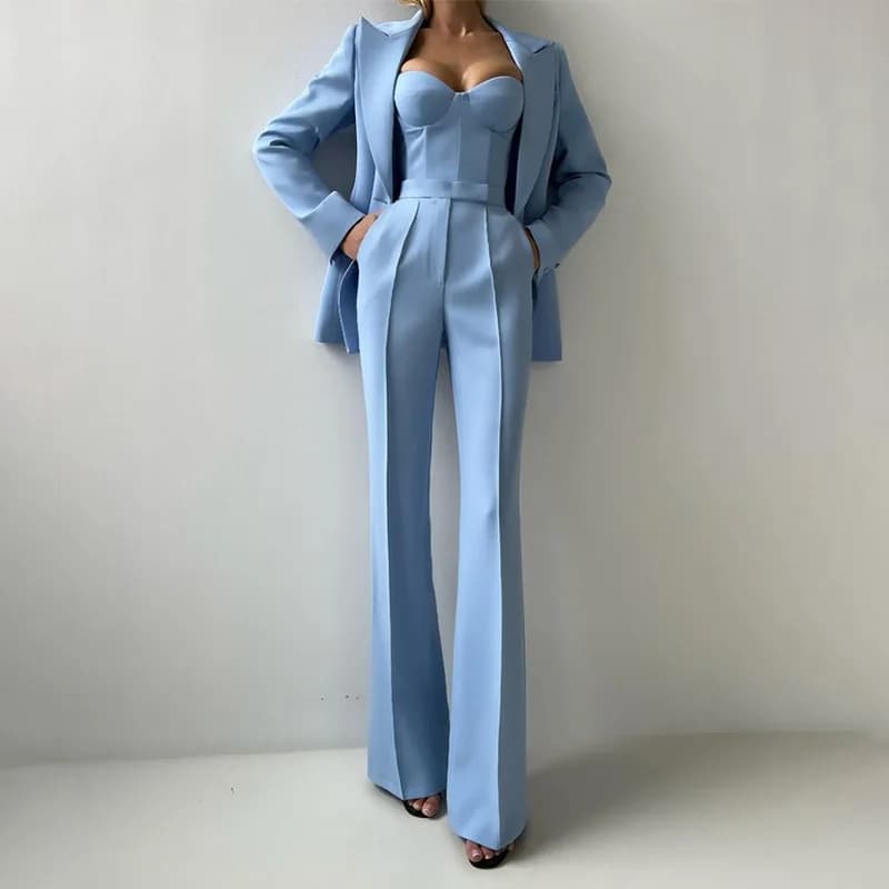 Women Three Piece Pant Set Outfit Spaghetti Strap Crop Top & High Waist Pants Set With Long Sleeve Blazer 3Pcs