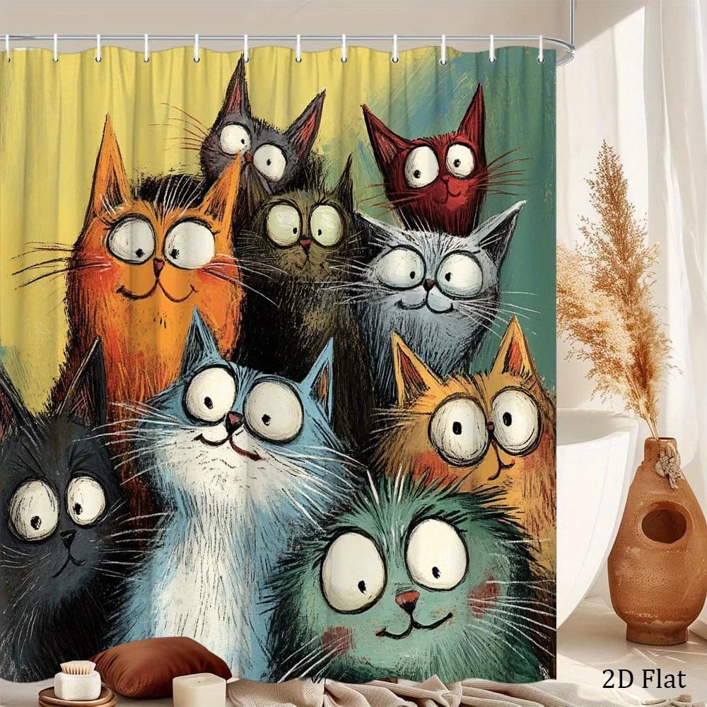 One Piece of a Playful And Funny Shower Curtain Featuring Cartoon Cats, Made from Colorful Polyester Fabric, Includes 12 Hooks,