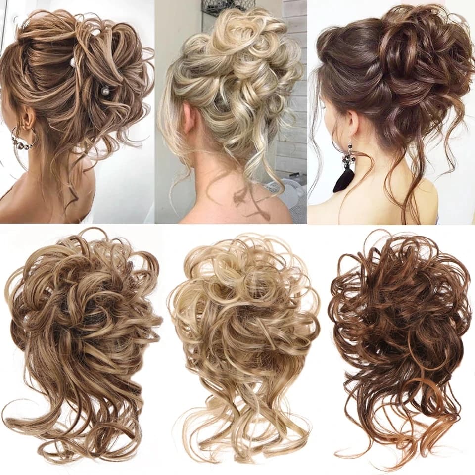 Scrunchie ricci per ragazze sintetiche Chignon con elastico anello per capelli grigio marrone avvolgente su code di cavallo disordinato