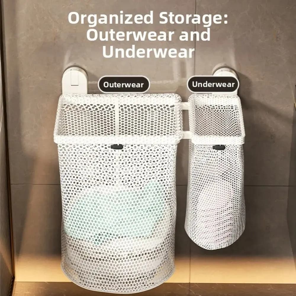 Mesh Material Collapsible Laundry Bag Suction Cup Mounting Breathable Design Hanging Laundry Basket Carbon Steel Frame