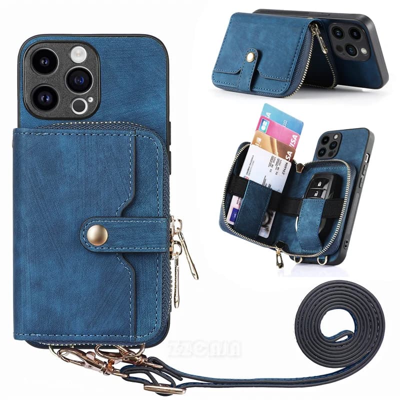 Portafoglio posteriore con cerniera per Xiaomi POCO X5 X4 Pro 5G X3 NFC M5S M4 Pro M3 F5 F3 C31 custodia in pelle slot per schede borsa per cavalletto tracolla lunga