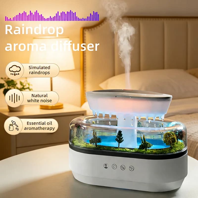 Diffusore di aromi a goccia con musica a rumore bianco e luce d'atmosfera a 7 colori, umidificatore d'aria a ultrasuoni per relax, sonno e casa