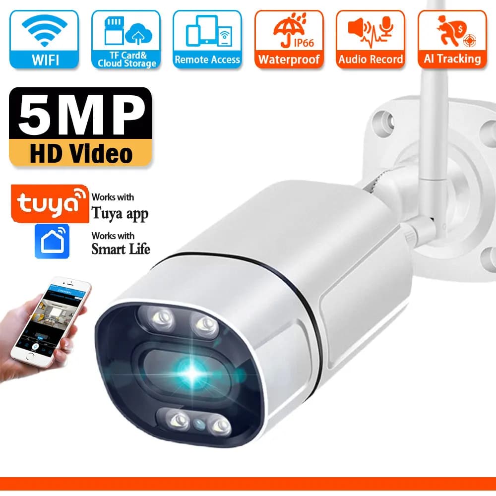 Smart Life 5MP Wifi Telecamera di sicurezza bullet Visione notturna a colori esterna Telecamera di videosorveglianza CCTV wireless Tuya Audio bidirezionale