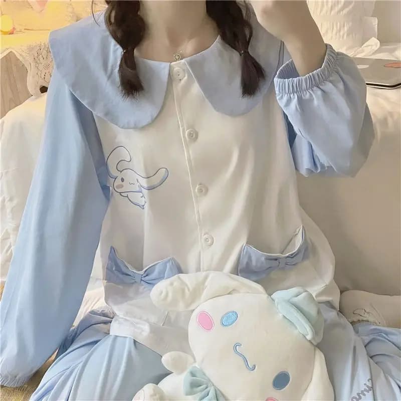 Sanrios Anime Cinnamoroll Pigiama Set Kawaii Ragazze Carino Cardigan giapponese Allentato Manica lunga Vestiti per la casa Primavera Autunno Indumenti da notte