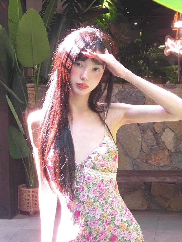 Summer Beach Vacation Floral Print Halter Dress Women's Sexy Bodycon Long Tail Fish Dress A-Line Skirt Style No-Sleeve Gown
