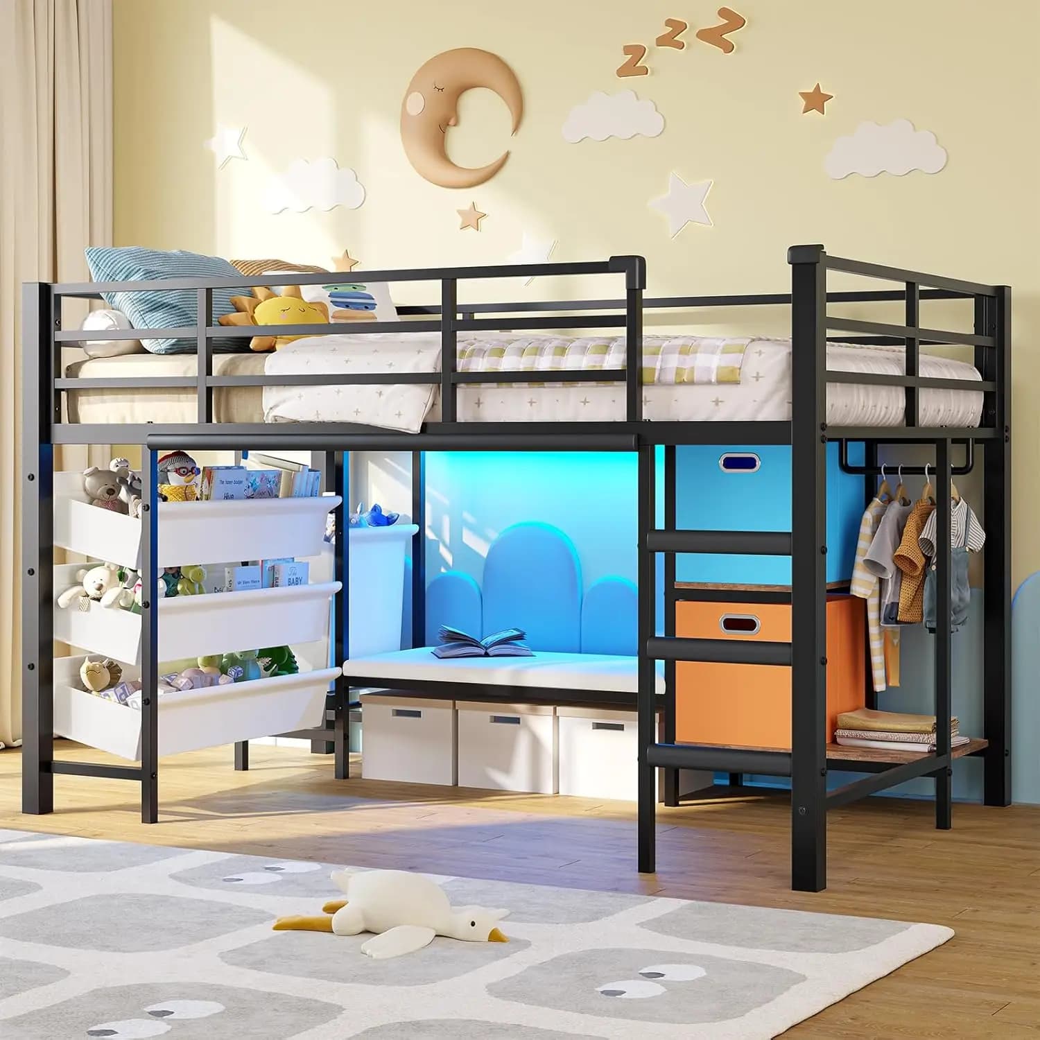 Letto a soppalco singolo basso in metallo per cameretta bambini con contenitore, angolo lettura, luci LED, nero, ringhiera di sicurezza