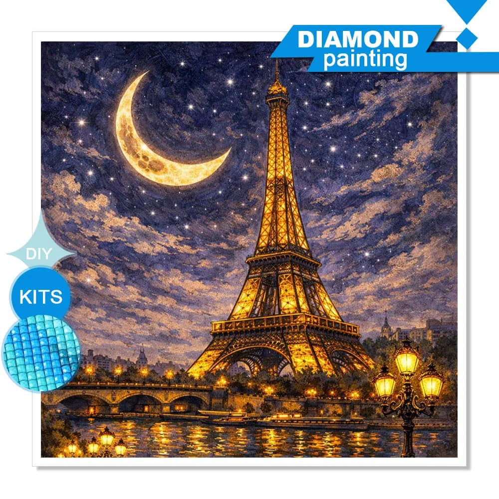 Huacan Full Square Round Diamond Painting Eiffel Tower Moon Night Diamond Mosaic Landscape New Collection Handmade Gift