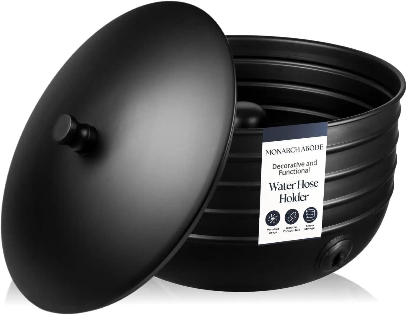 Porta Tubo da Giardino Decorativo in Metallo con Coperchio, Vaso Nero Opaco per Esterni, Contiene Tubi da 30 Metri