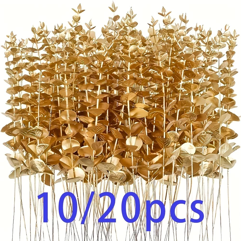 10/20 pieces of artificial flowers of golden eucalyptus, christmas decorations for the house, weddings, birthdays, office desk decorations, artificial plants