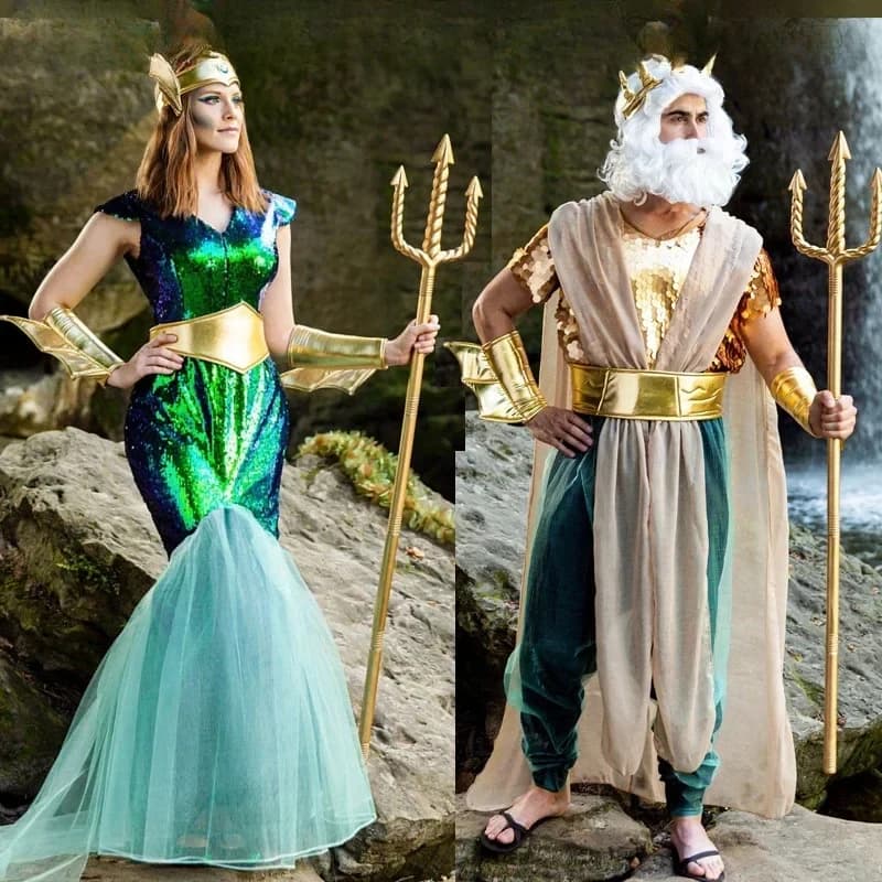 ⭕️ ⭐️ ⭕️ Costume da Coppia Re di Nettuno e Regina Sirena del Mare, Costumi da Poseidone per Uomo, Fantasia per Halloween, Purim, Carnevale, Mardi Gras ⭐️ ⭕️ ⭐️