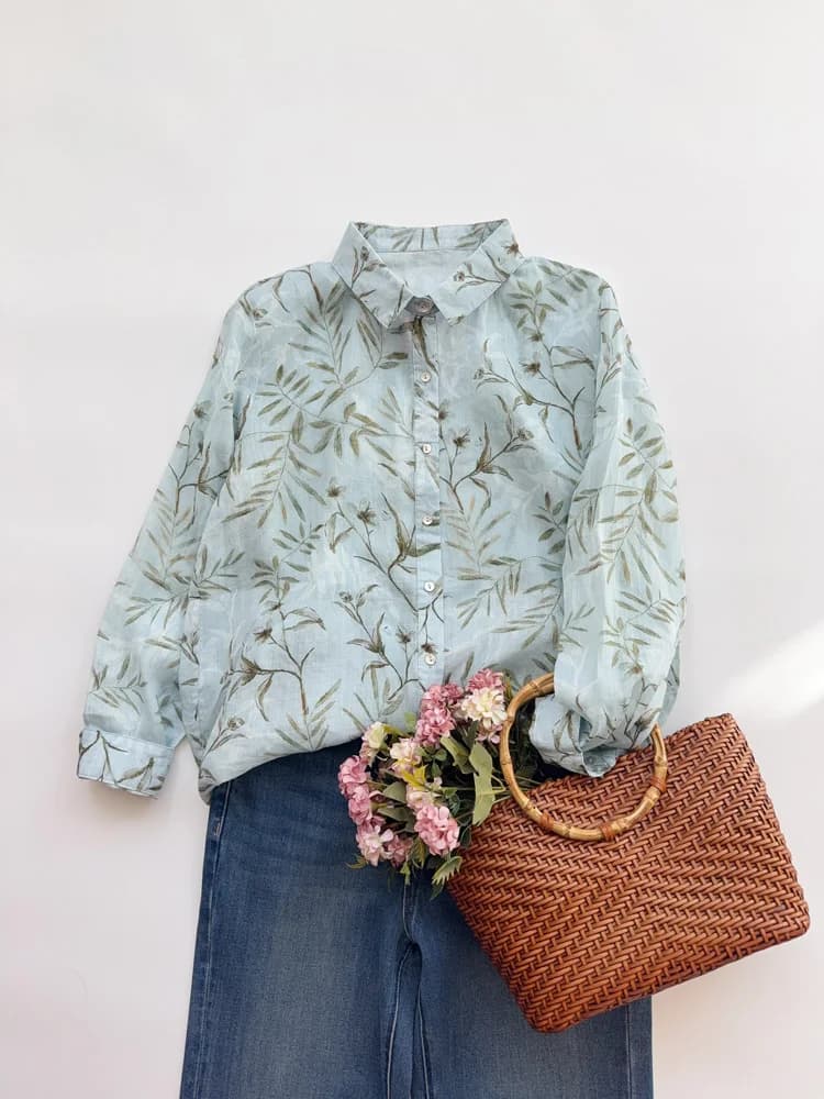Elegant Floral Print Flax Long Sleeve Shirt Women's Autumn Design Leaf Branches Sunscreen Cardigan Top Breathable Comfo...