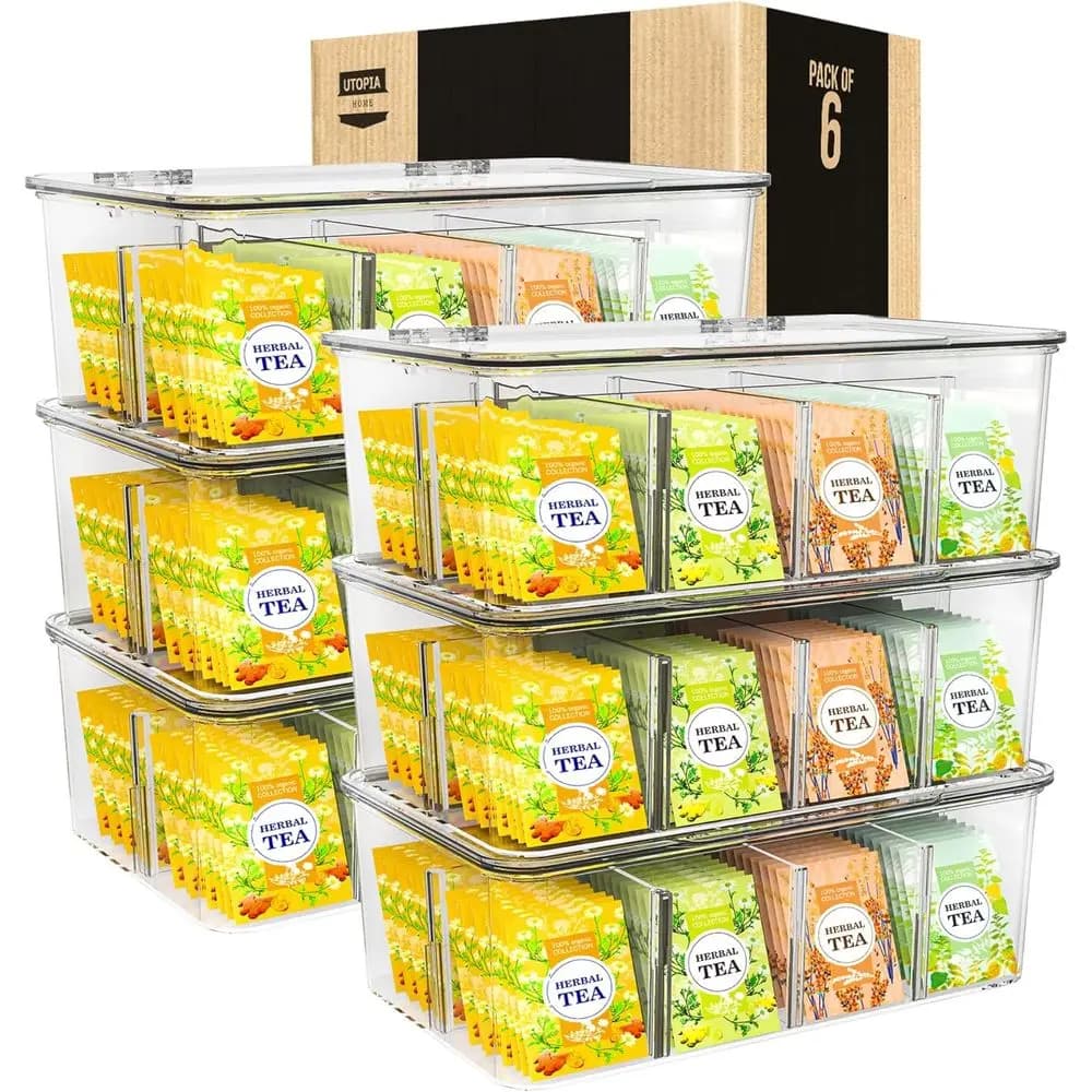 Stackable Clear-Top Tea Bag Storage Organizer - 6-Pack for Kitchen, Cabinets, Pantry, Sweeteners