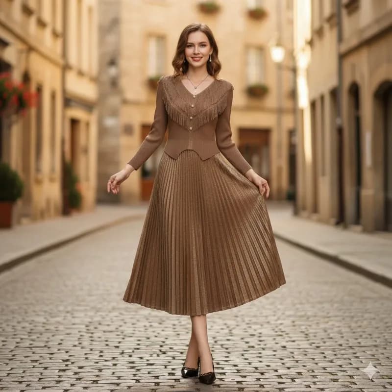Miyake Abito a pieghe Plus Size Allentato 2026 Primavera Nuova moda Scollo a V Nappa Stamping Temperamento Abiti lunghi da donna eleganti