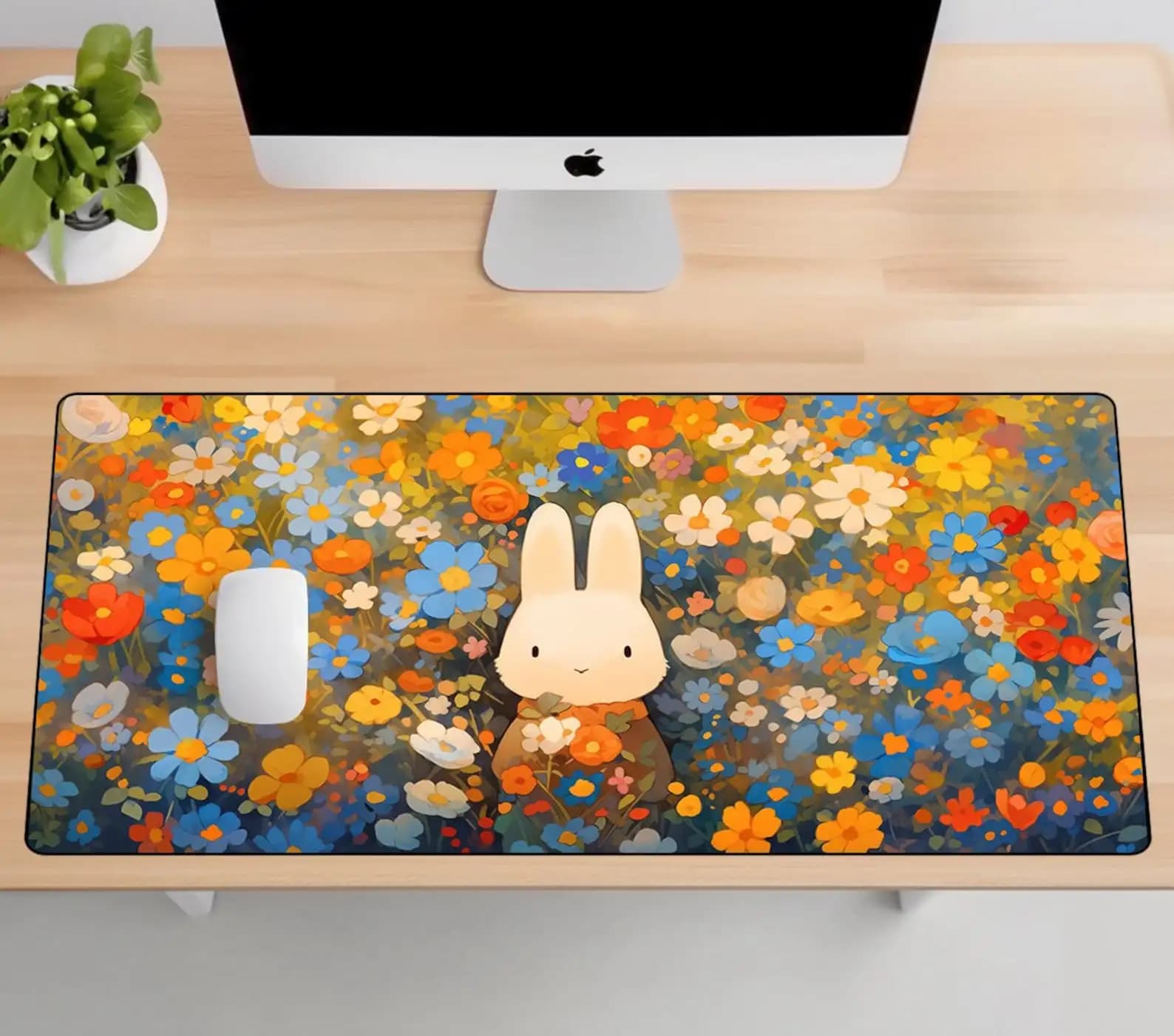 Tappetino per Mouse con Coniglietto Carino, Grande Mousepad Kawaii, Tappetino da Scrivania Floreale per Gaming, Tastiera e Laptop, per Lavoro, Giochi, Ufficio e Casa