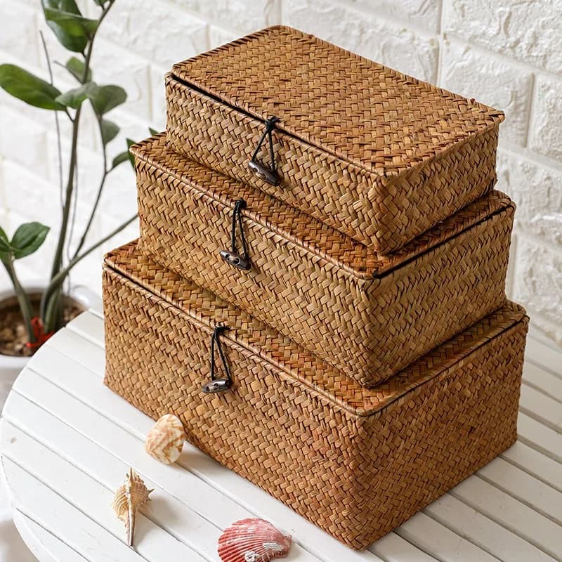 Hand-made wicker woven glove box rattan storage basket with lid Cosmetic bath towels container for linen