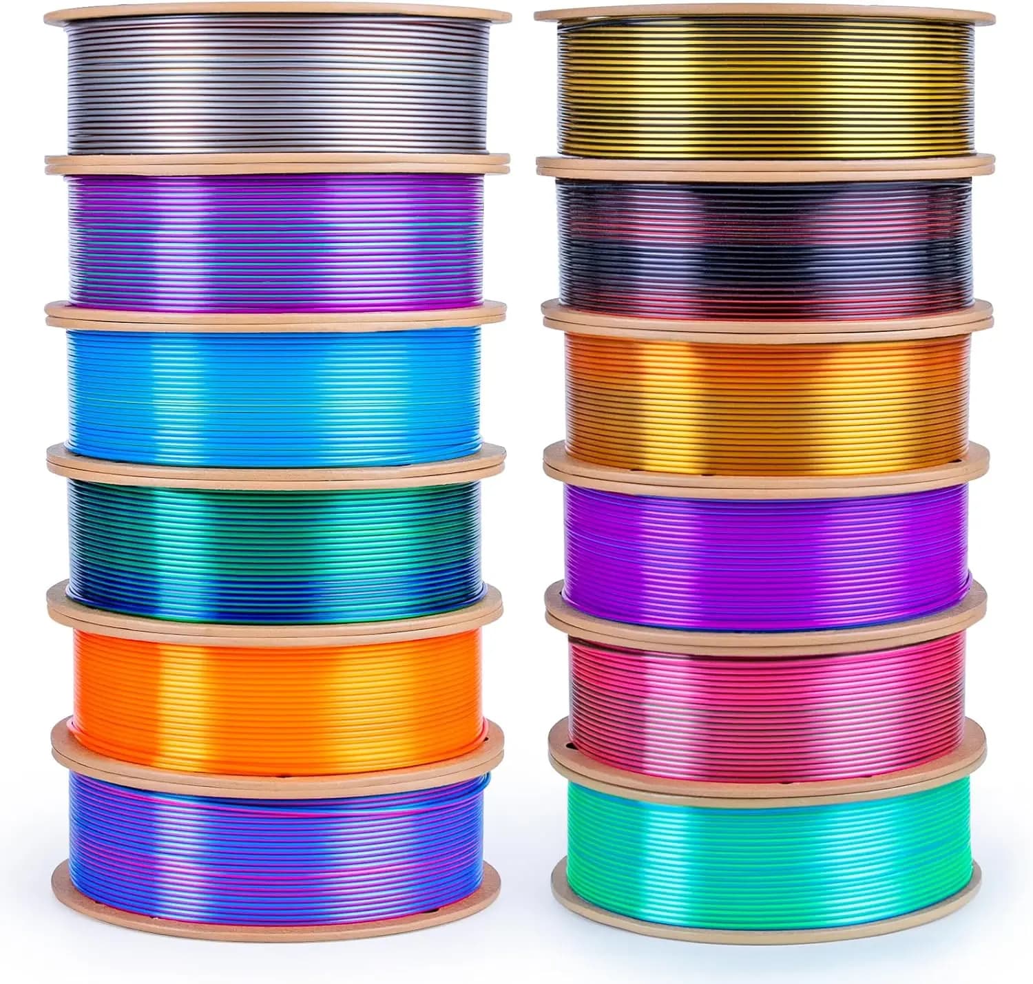 Filamento PLA Seta 1.75mm, Confezione da 12, Set di Filamenti per Stampante 3D 3kg, Multicolore Metallizzato Lucido per Giocattoli e Artigianato