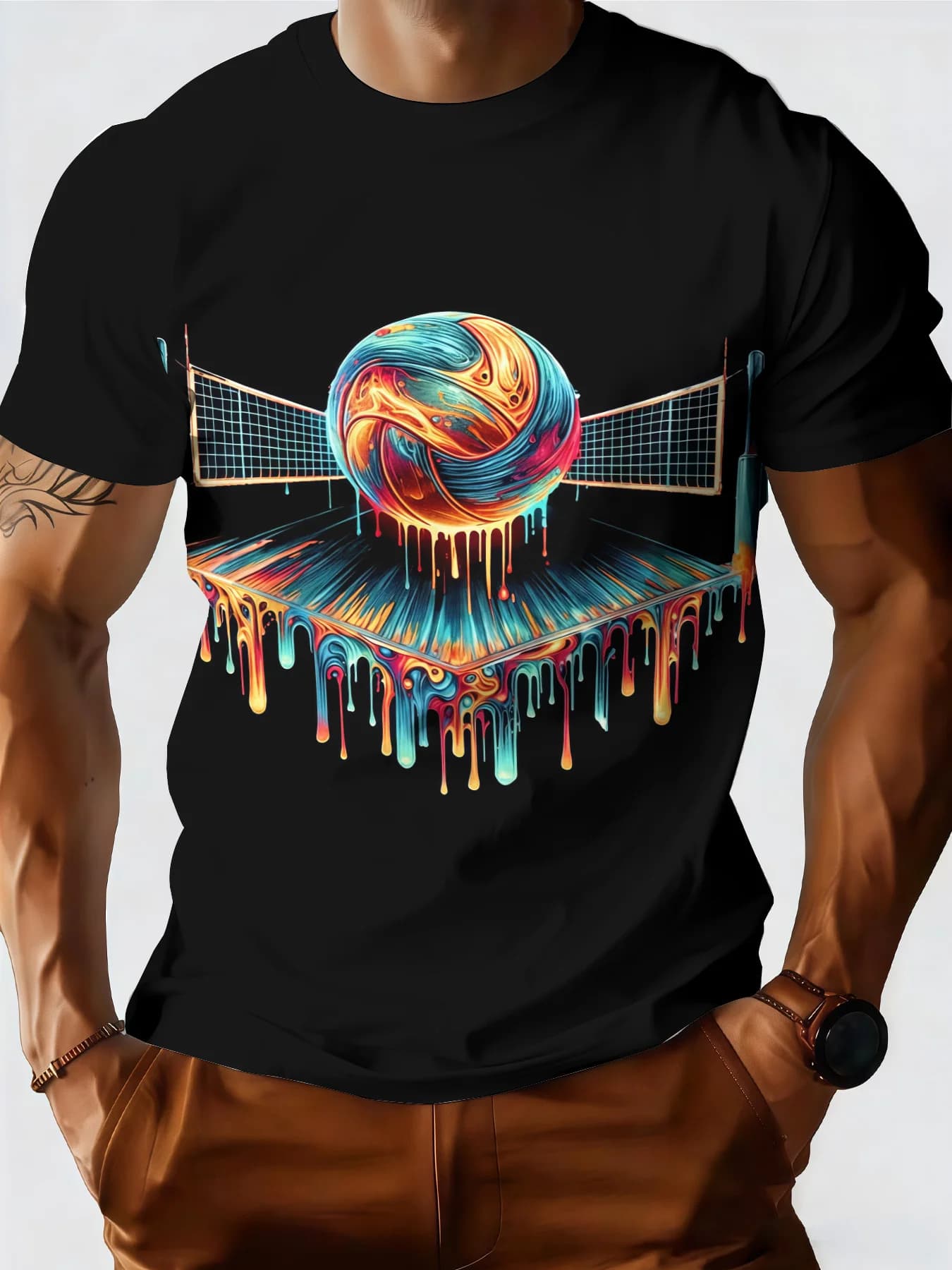 T-shirt da uomo estiva nuova con scollo a O, stampa 3D pallavolo effetto fusione, mezza manica traspirante, comoda per l'allenamento