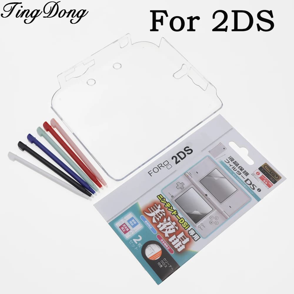 Clear Crystal Hard Case +HD Clear PET Top Bottom LCD Screen Protector Film +Plastic Stylus Pen For 2DS Console Accessories