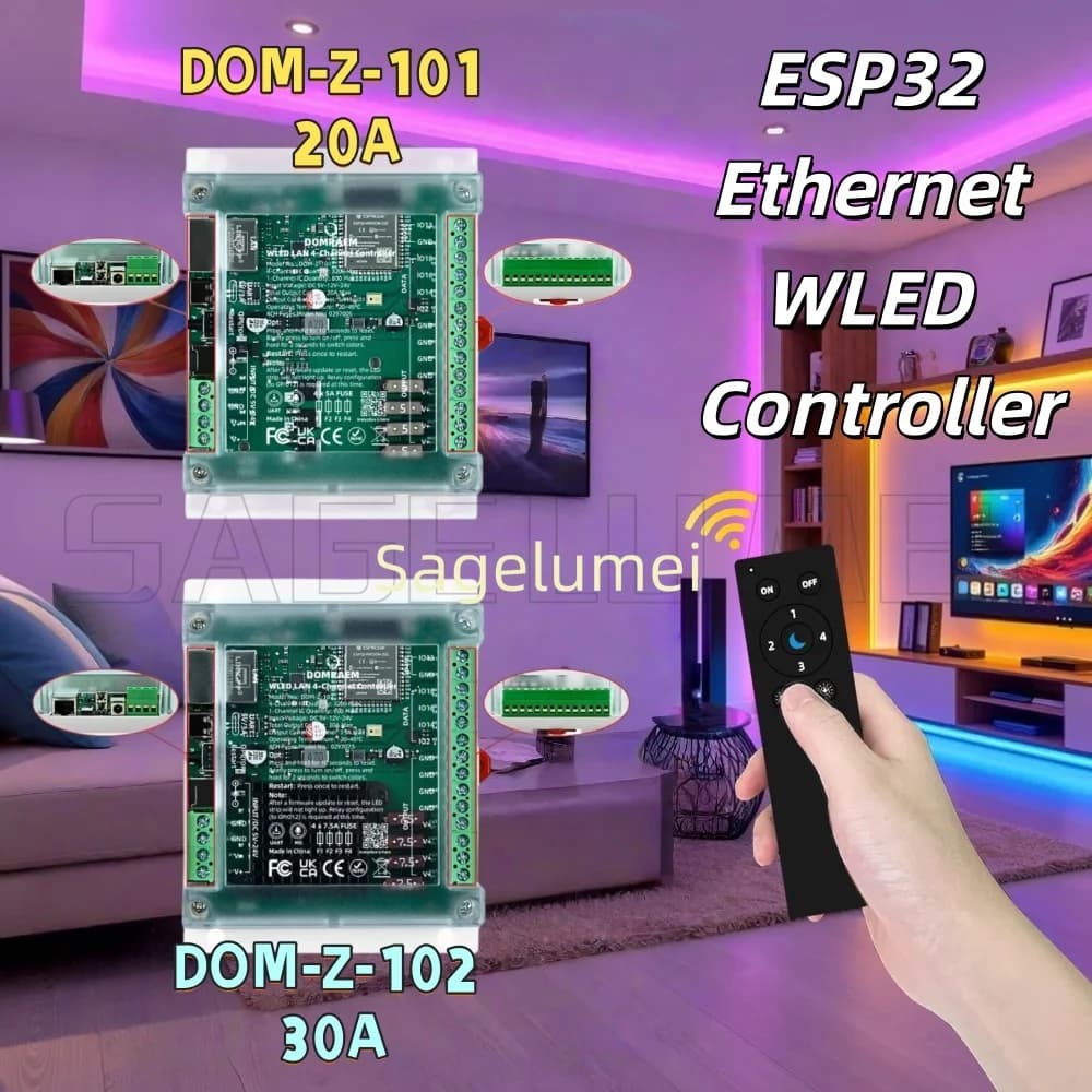Controller Ethernet ESP32 DOMRAEM 4CH 20A/30A con Fusibili Indipendenti, Montaggio su Guida DIN, Sincronizzazione Musicale WiFi per Strisce LED WS2811/12 RGBIC Fai-da-Te