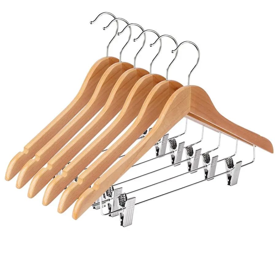 Wooden hanger with adjustable durable clip, 24 padded trousers, skirts, jeans, straight leg pants, shorts, natural color