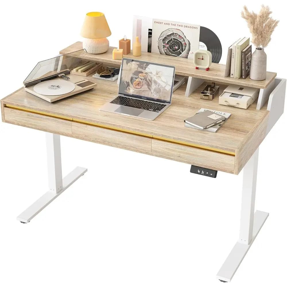 47 height adjustable electric desk with 3 drawers, container and monitor holder, maple finish