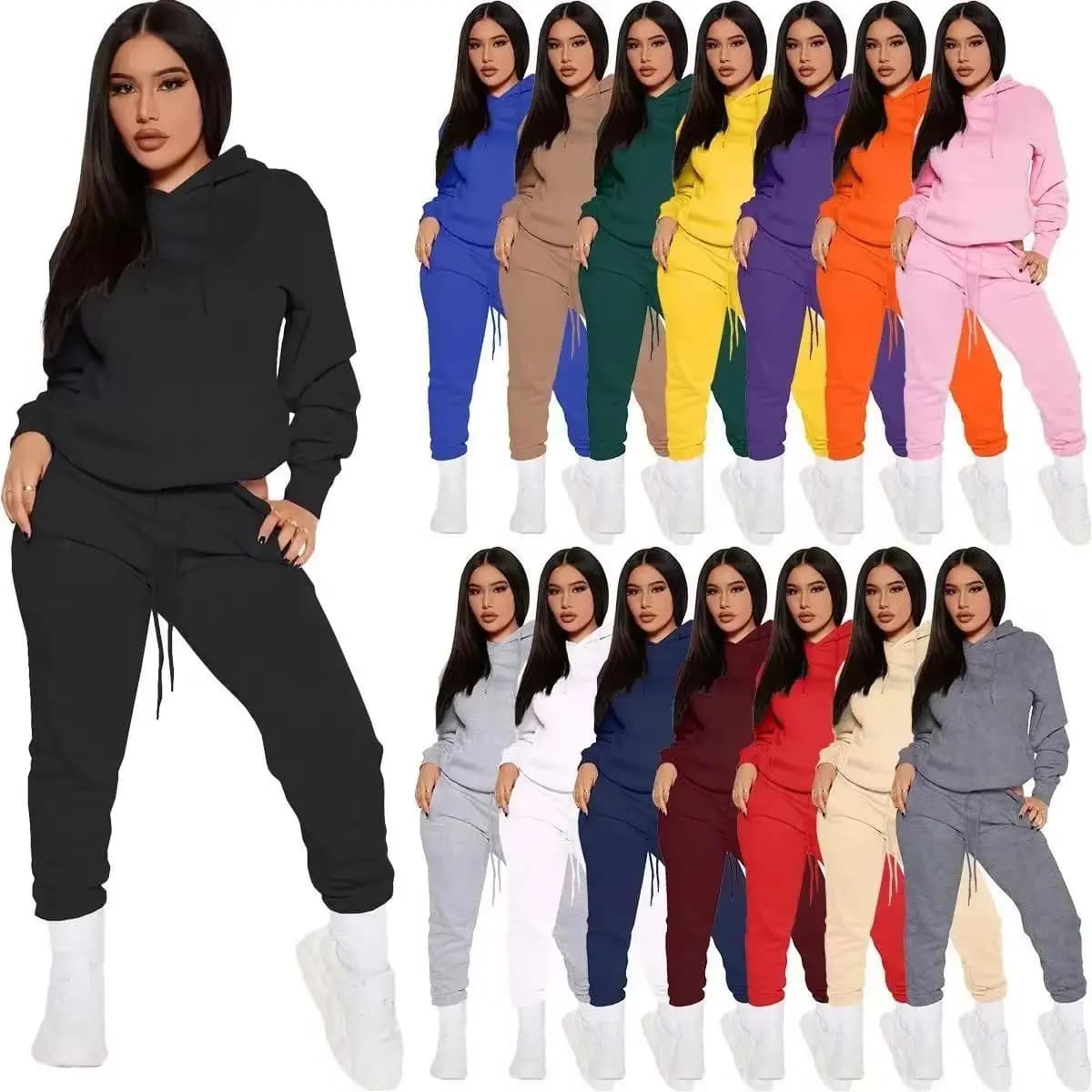 Tuta invernale da donna Set due pezzi - Pantaloni sportivi oversize con cappuccio Tinta unita Tuta sportiva | Set di pantaloni in felpa casual