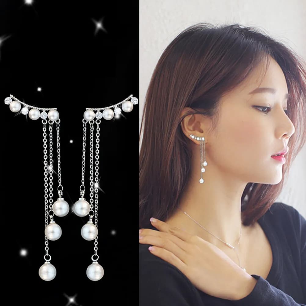 Orecchini con Perle Simulate, 3 Catene a Nappa, Eleganti Orecchini Pendenti da Sposa, Leggeri Orecchini con Perle per Donne