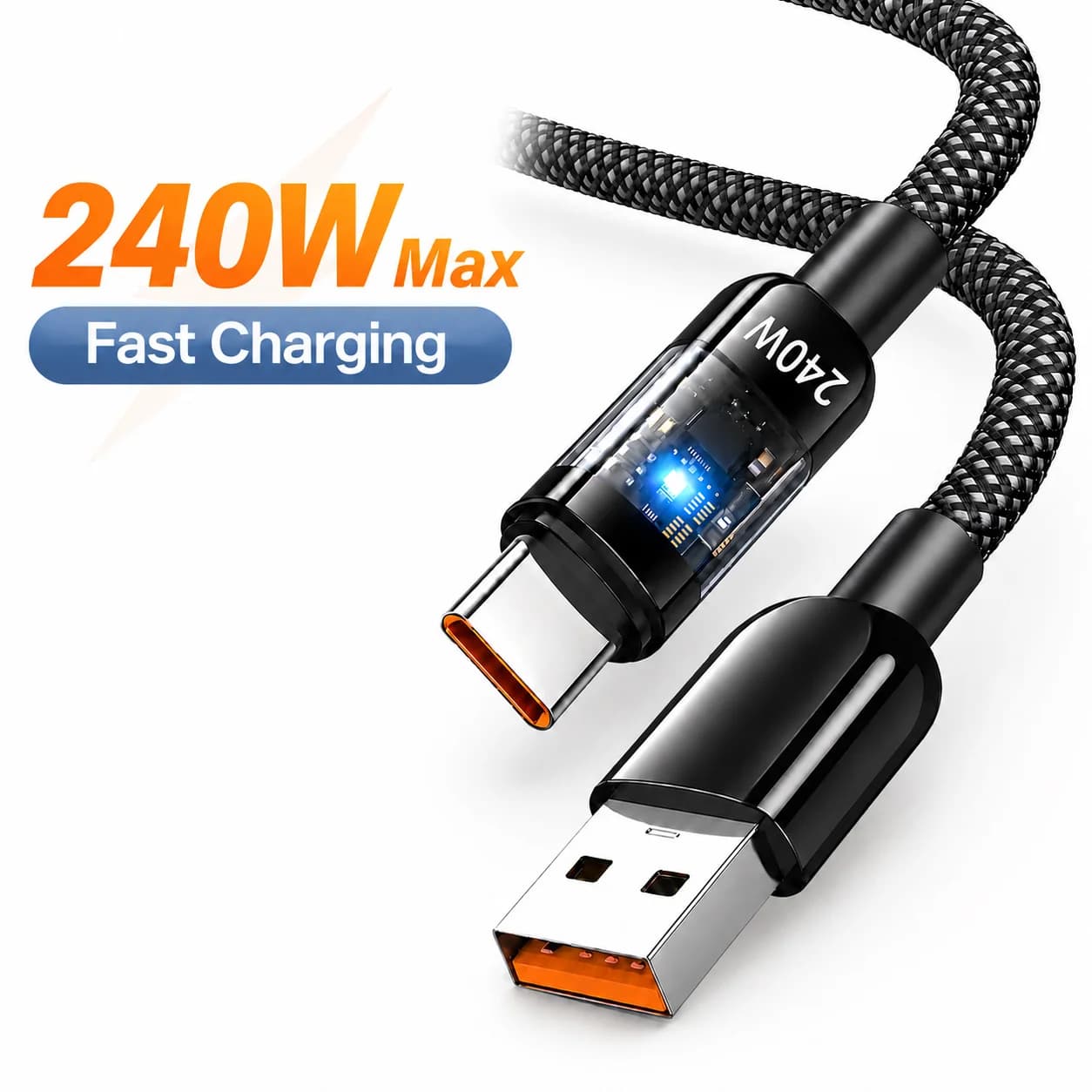 Super fast charging cable NNBILI 240W in nylon from USB-A to Type-C for Samsung S26, Huawei, and from USB-C to Type-C for iPhone 17 16