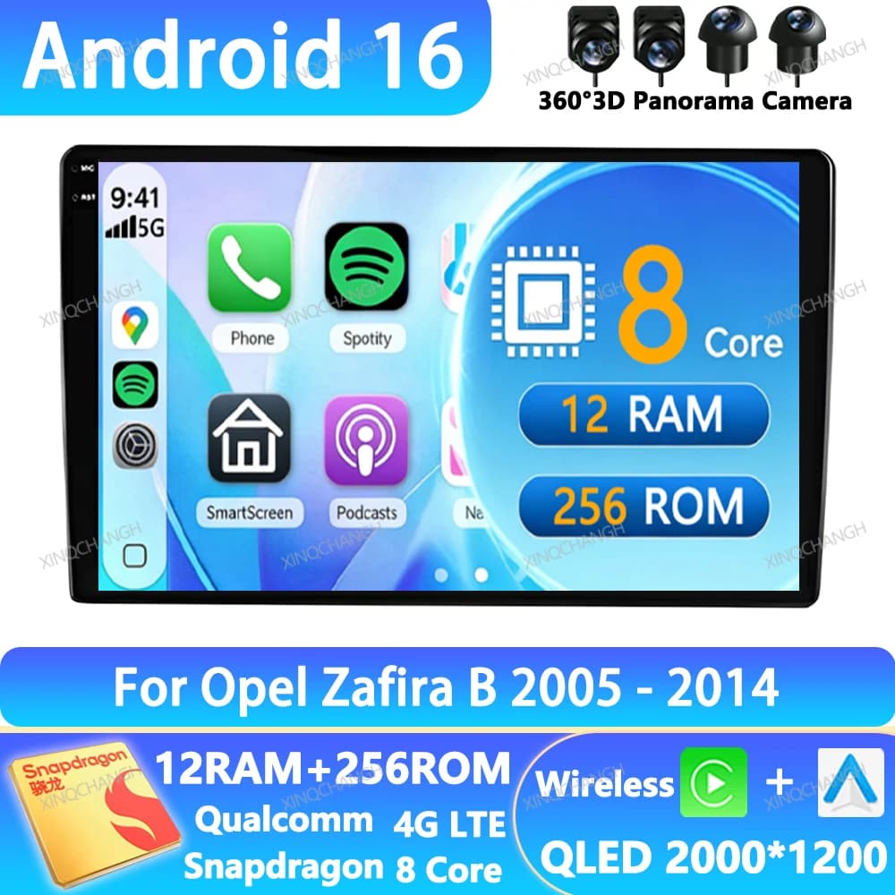 Android 16 Car Radio Carplay Auto For Opel Zafira B 2005 - 2014 Fascia Panel Dash Fitting Panel Kit Audio Player 2 DIN Stereo