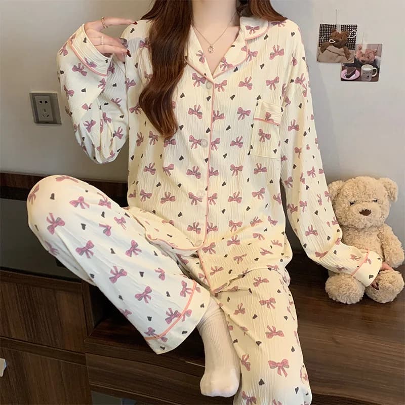New Spring Collection: Sweet Girl Striped Long-Sleeved Puffy Fabric Pyjamas Korean Style Casual Wearable Loungewear Set