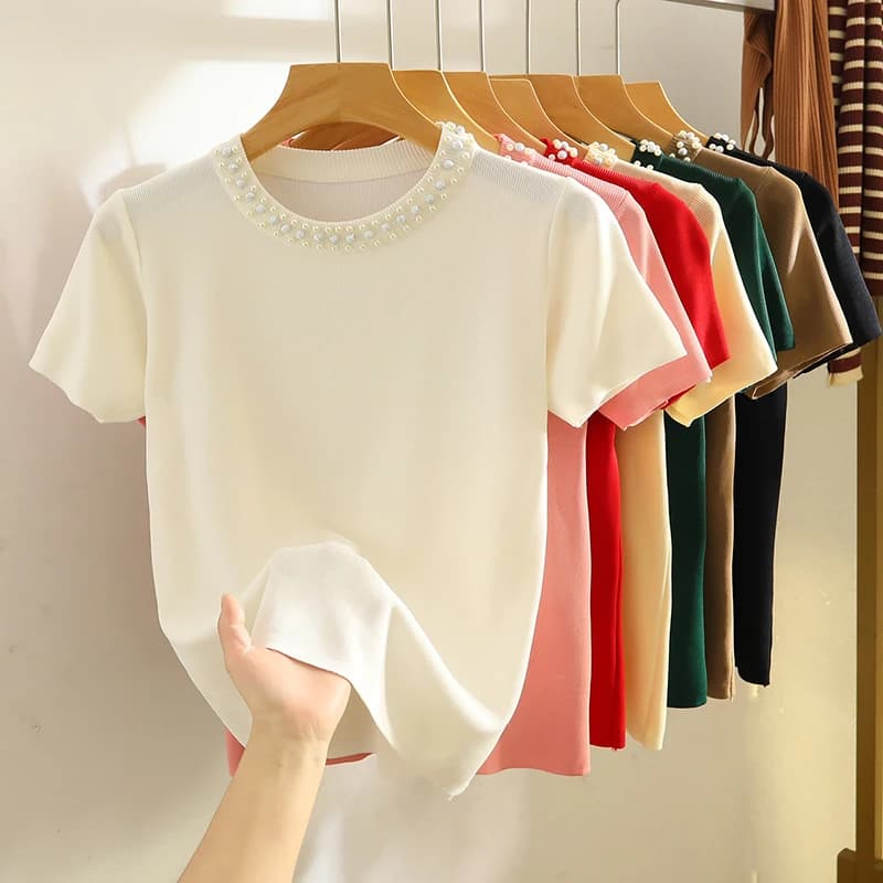 Maglione Lavorato a Maglia da Donna, Pullover Bianco alla Moda con Collo a O, Top Femminile a Maniche Corte con Perline Q3403