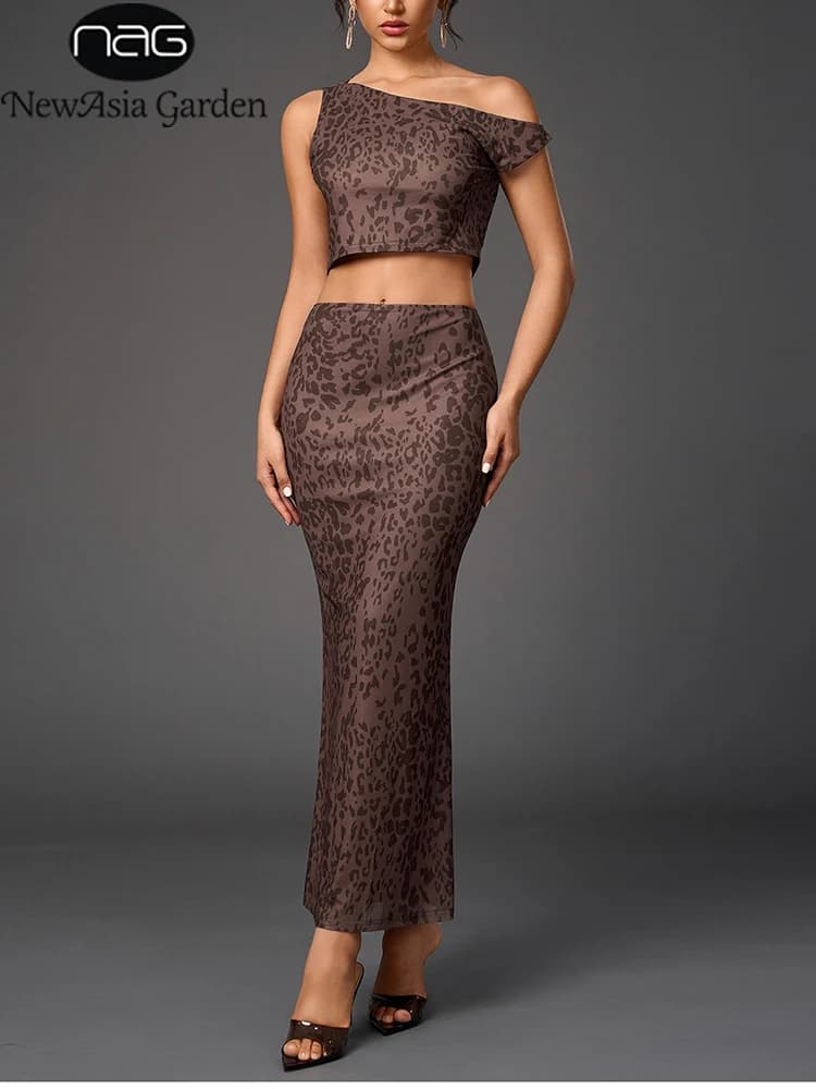 NewAsia Sexy Leopard Print Bodycon 2 Piece Set Asymmetric Off Shoulder Crop Top Maxi Skirt Women Backless Night Club Party Suits