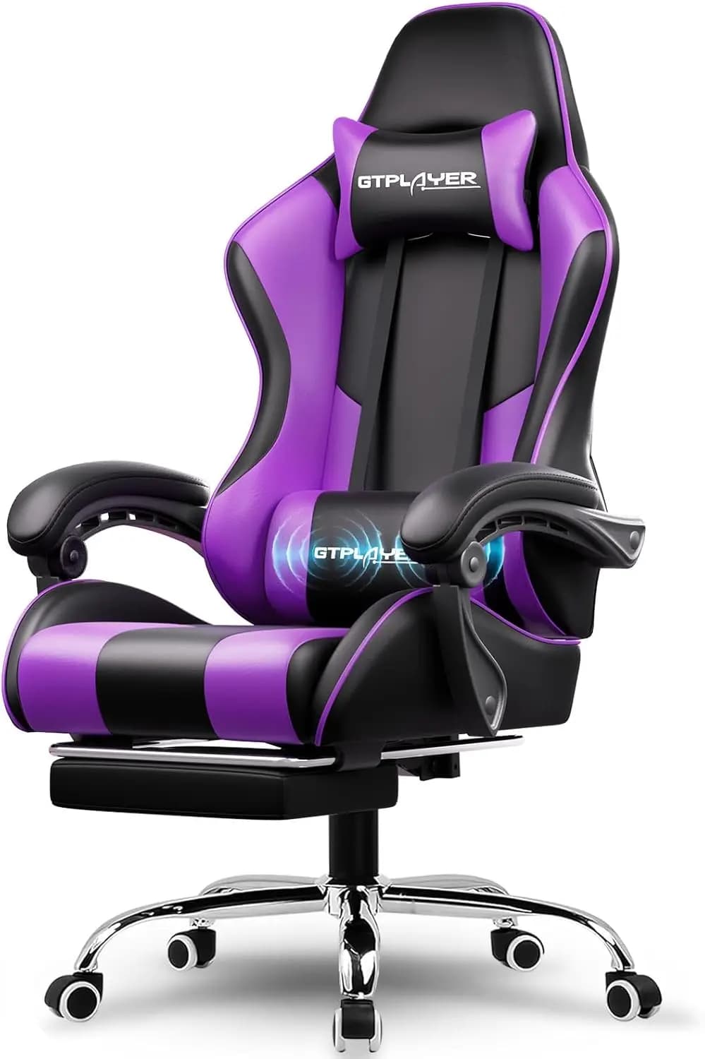 Sedia da Gaming per Computer, Regolabile in Altezza, Girevole a 360°, Supporto Lombare e Poggiatesta, Poggiapiedi, in Ecopelle Viola