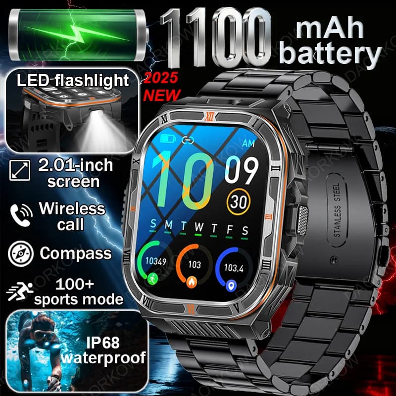 2025 Nuovo 1100mAh Batteria Orologi Intelligenti Per L'uomo Sport All'aria Aperta Torcia A LED Bussola Smartwatch da Uomo Chiamata Bluetooth Orologi da Uomo