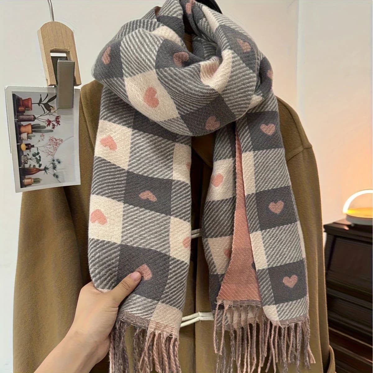 Elegant women's winter scarf 1 piece - black and white squares with pink-brown hearts - Non-elastic scarves for formal