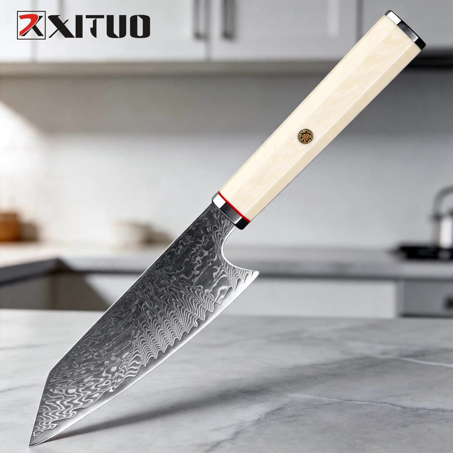 Coltello Kiritsuke Professionale XITUO da 6 Pollici, Coltello da Chef Affilato in Acciaio Damascato, Coltello per Sashimi, Manico Ottagonale Imitazione Avorio