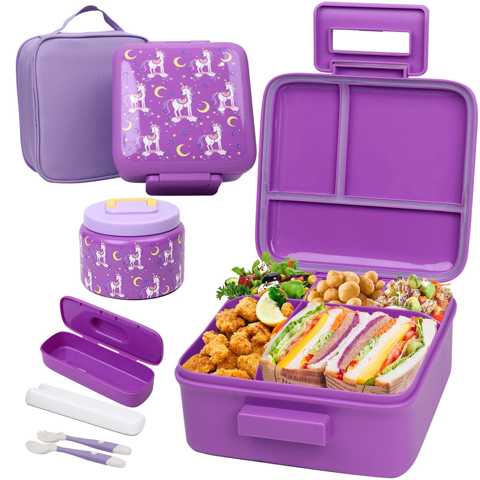 Bento Lunch Box per bambini Con barattolo per alimenti sottovuoto isolato da 8 once, borsa per il pranzo, impacco di ghiaccio e forchetta e cucchiaio pieghevoli, a prova di perdite