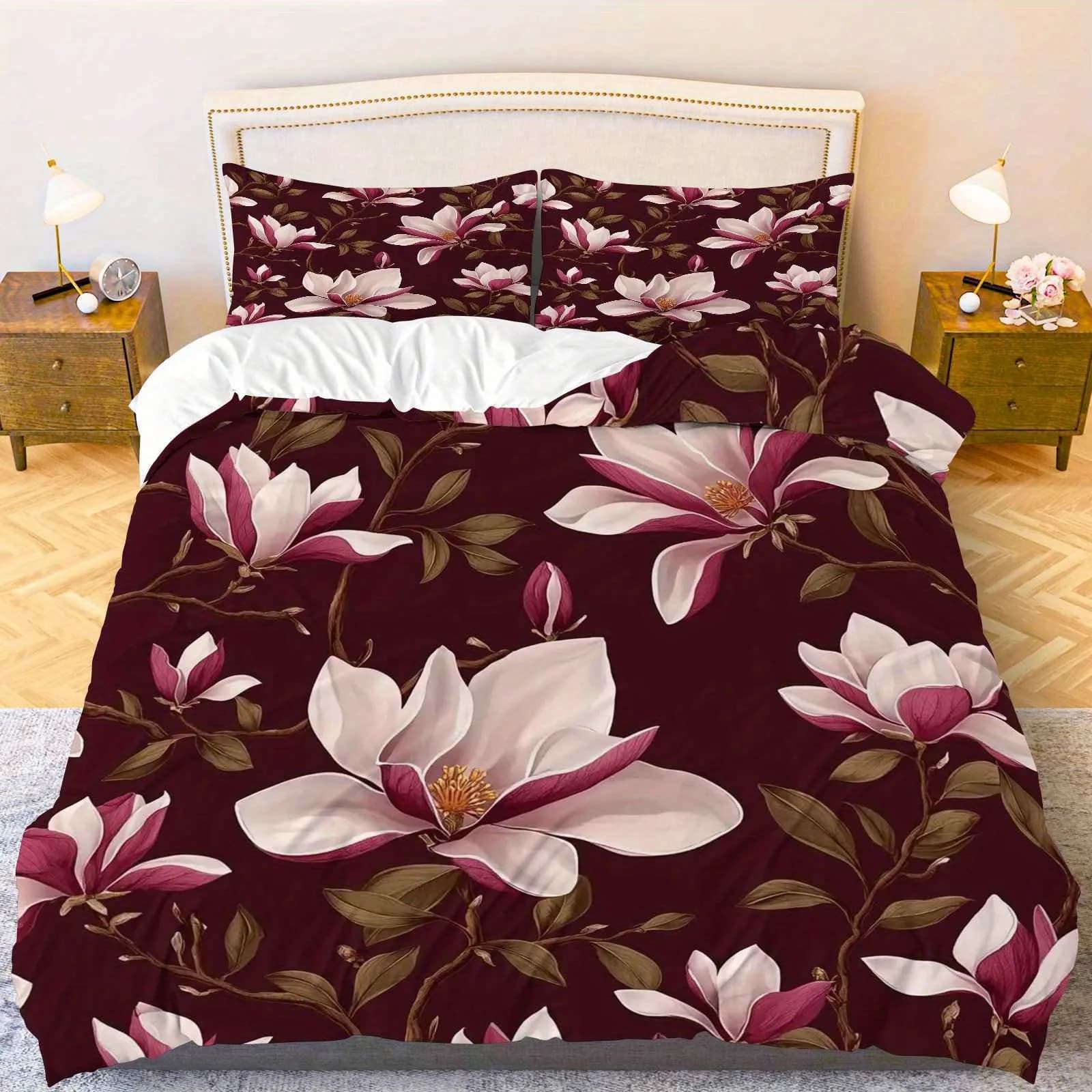 Copripiumino Bianco Rosa Magnolia Fiore Tema Set di biancheria da letto floreale Adatto per la decorazione della camera da letto Soggiorno Arredamento moderno dell'hotel