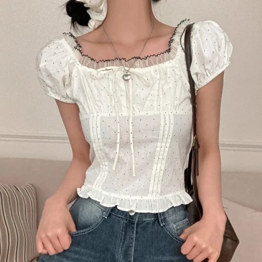 Summer Sweet Bubble Sleeve Polka Dot Belted Women's Lace Trim Short Sleeve Waist Cinching Top with Hair Tie Korean Style Shirt