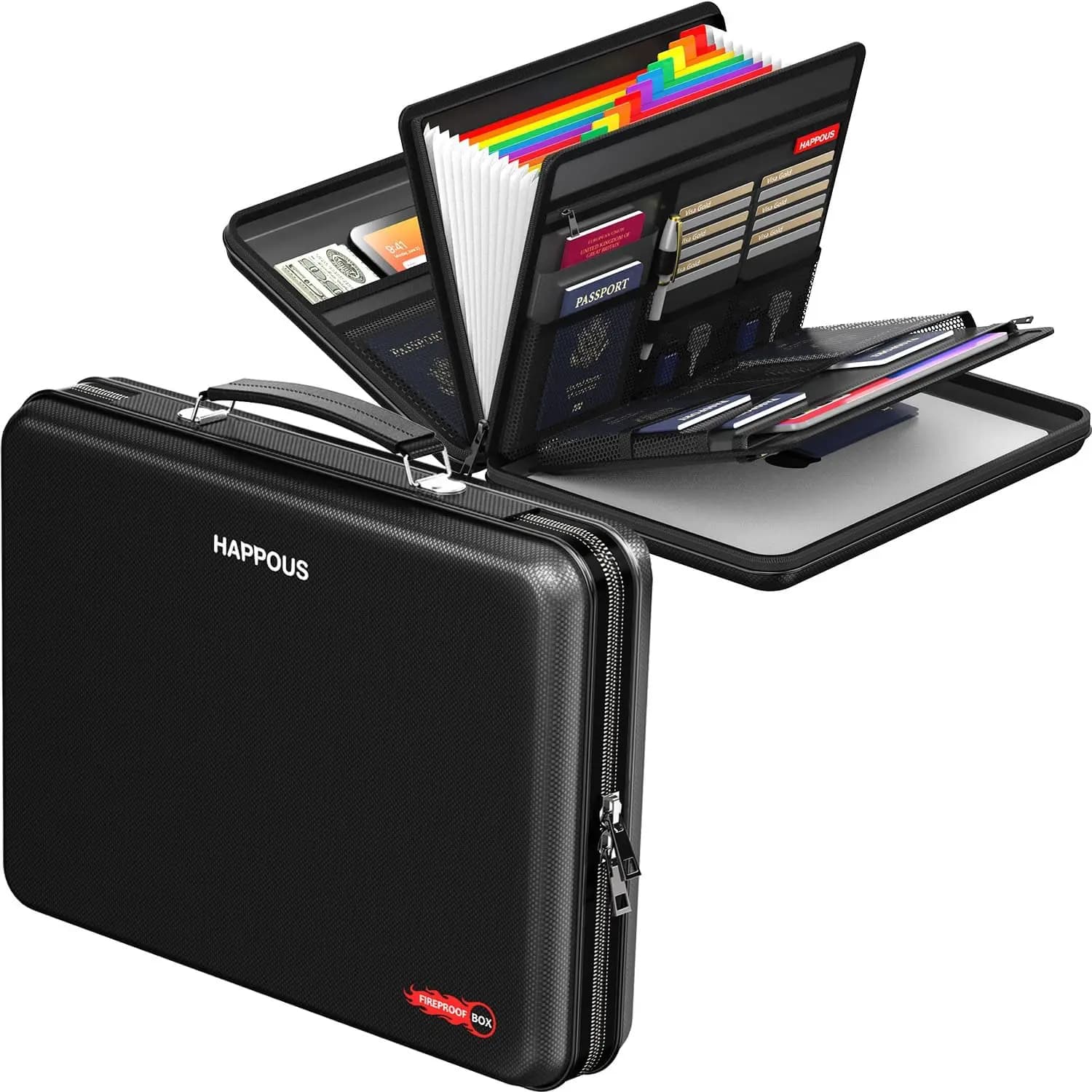Organizzatore di Documenti Ignifugo con 13 Tasche, Custodia Rigida per Documenti, Laptop, Passaporti e Carte, Nero