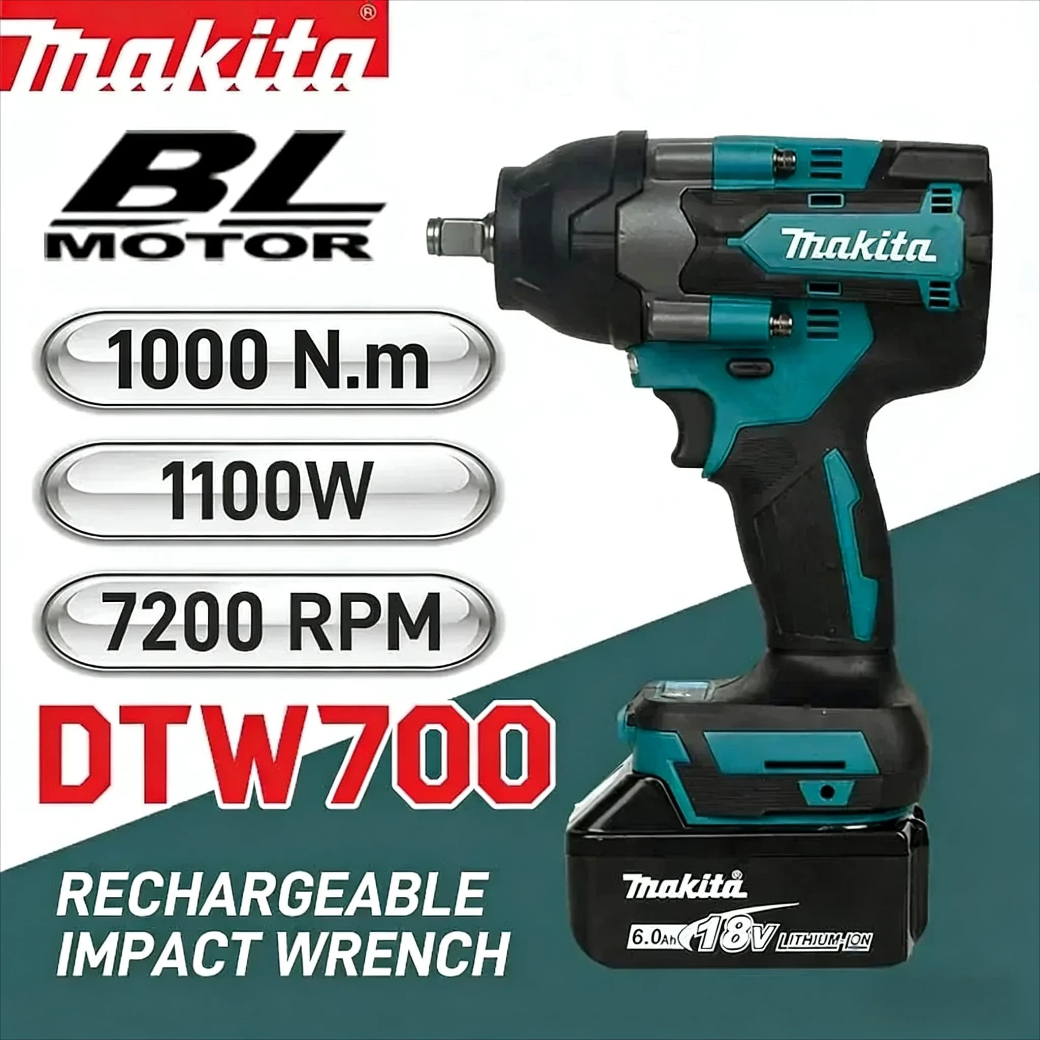 12 inch Makita Brushless DTW700 Battery Pulse Screwdriver, 18V Battery Compatible, Electric Tool for Automotive Repair