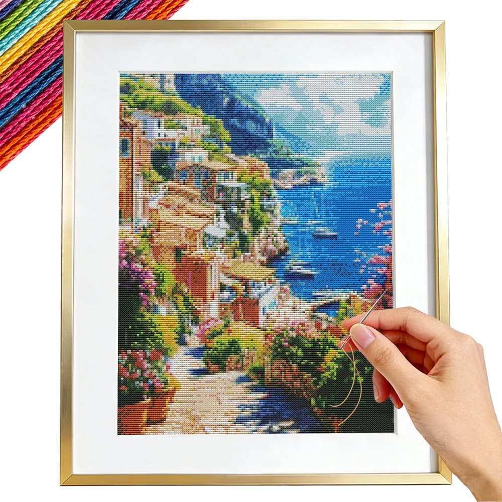 Kit per Punto Croce Paesaggio Marino, Kit Ricamo a Punto Croce 11CT, Guida per Principianti, Decorazione Murale