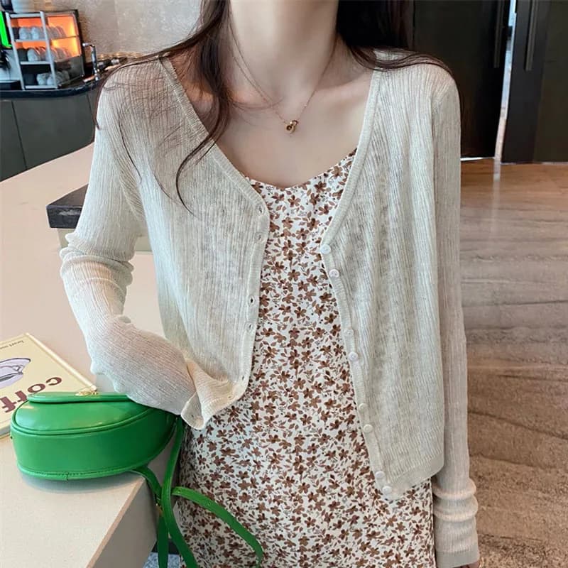 Nuovo Cardigan Lavorato a Maglia a Maniche Lunghe con Protezione Solare per Donne, Scollo a V, Maglione Bianco Lavorato a Maglia, Top da Donna, Sueters De Mujer Q3858