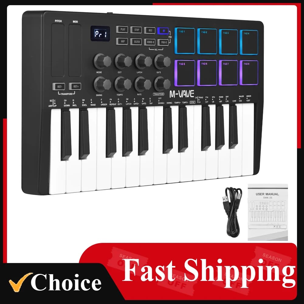 M-vave SMK-25 Mini controller tastiera MIDI wireless/USB a 25 tasti con 8 batterie retroilluminate, 8 manopole e 2 strisce touch